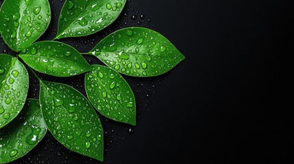 Fresh Leaves with Water Drops on Black Background