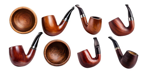 Collection of Different Wooden Tobacco Pipes Isolated on Background