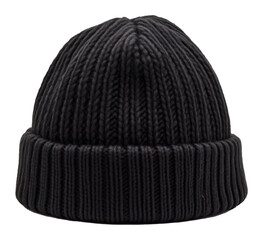 Black knitted beanie hat on transparent background, fashion accessory concept