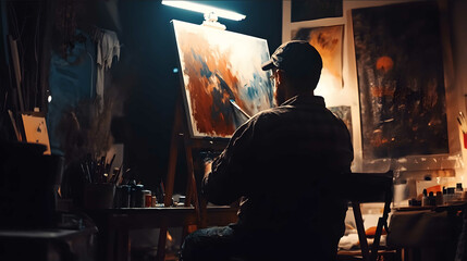 An artist painting in his studio at night