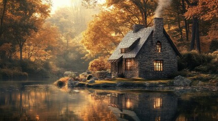 An enchanting stone cottage beside a still autumn lake, its reflection shimmering in the water, chimney smoke drifting upward as the golden hour sun sets.