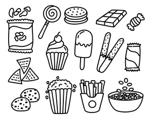 Set of snacks vector elements with doodle style on a white background