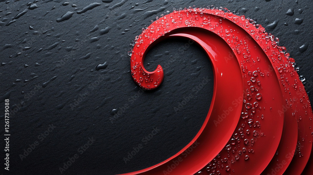 Poster abstract red spiral wave design water drops dark background modern art shiny image curve glossy