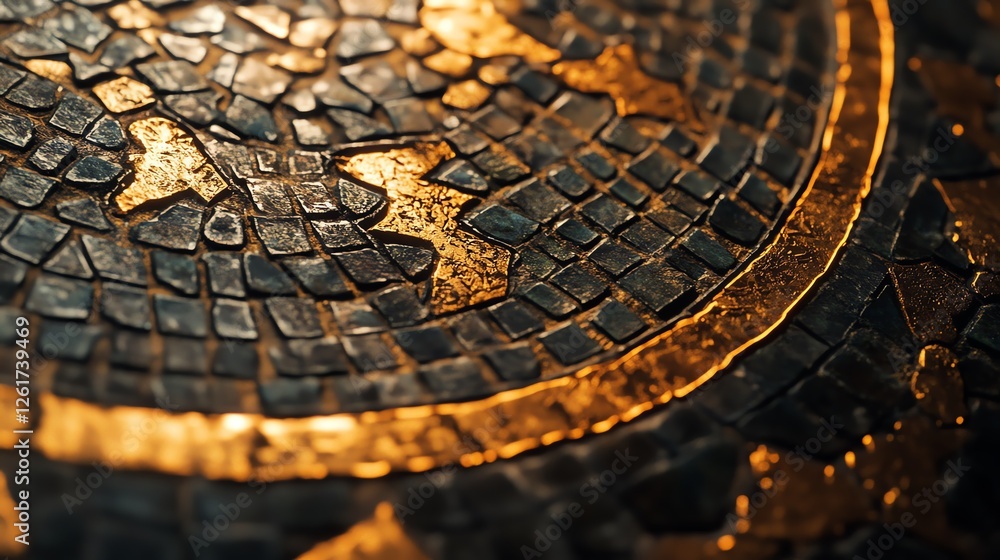 Poster beautiful mosaic art showcasing intricate patterns in an ornate design illuminated by warm light