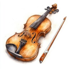 Fototapeta premium Detailed Artistic Illustration of a Classic Wooden Violin and Bow