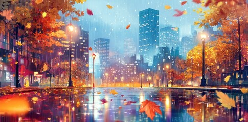Obraz premium Rainy autumn day in the city with falling leaves