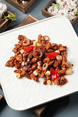 Braised beef tenderloin with scallions and bell peppers