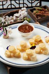 Deep-fried Japanese tofu cubes with dipping sauce