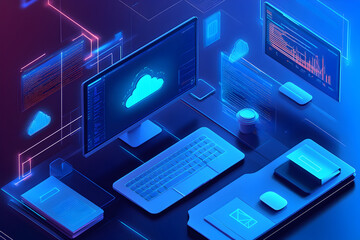 Futuristic workspace with digital screens and cloud computing interface.