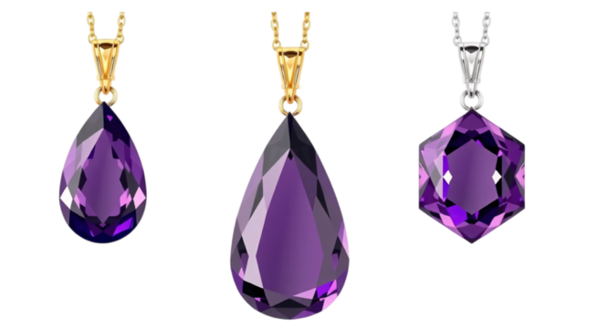 Three Amethyst Pendants in Different Shapes on Black Background - Powered by Adobe