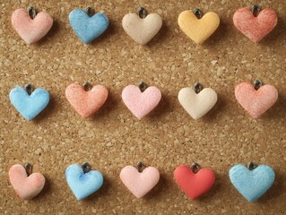 Colorful Heart-Shaped Magnets on Corkboard Background Display