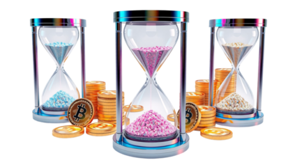 Three Hourglasses With Bitcoin And Coins