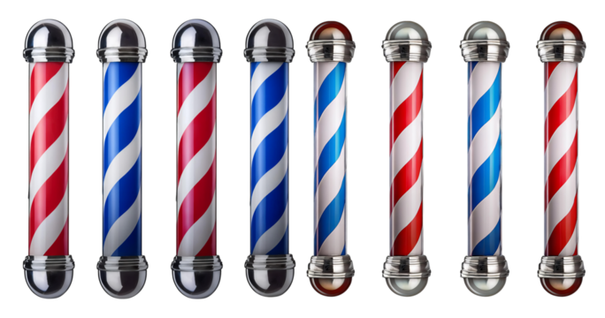 Classic Barbershop Poles in Red, White, and Blue Color Scheme, isolated on transparent background