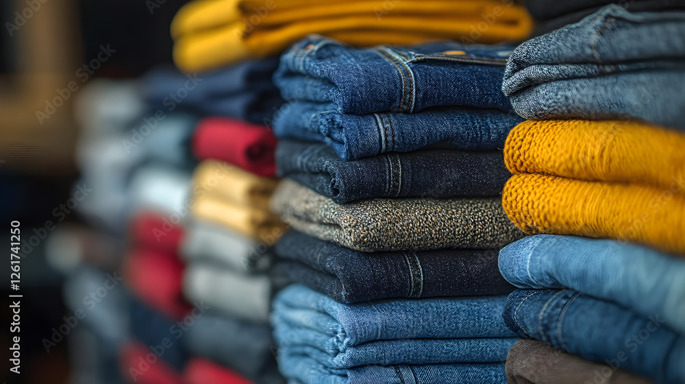 Poster stacked folded jeans in various colors on display