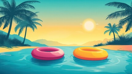 A serene sunset scene featuring two colorful inflatable rings floating in tranquil water, surrounded by palm trees and mountains.