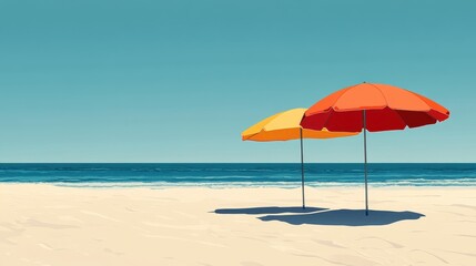 Two colorful beach umbrellas stand on a sandy shore with a calm ocean in the background under a clear blue sky.