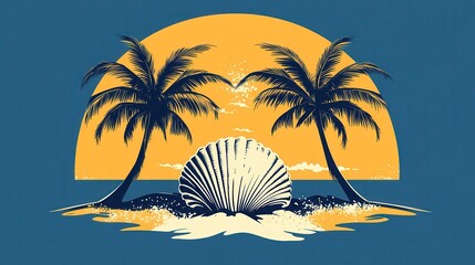 Obraz premium A vibrant tropical scene featuring palm trees, a large shell, and a sunset backdrop, evoking a serene beach atmosphere.
