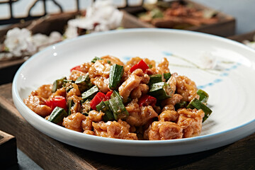 Fried Chicken Thighs with Rice Pepper and Okra
