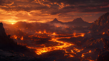 Fototapeta premium Dynamic Dance of Molten Rock: The Raw and Elemental Power of Lava in a Volcanic Landscape