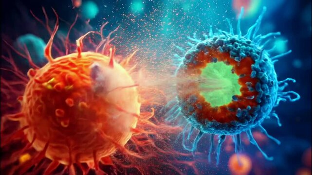 3D Animation of Antibody T Cell or NK Cell Attacking Cancer Cell or Virus.
