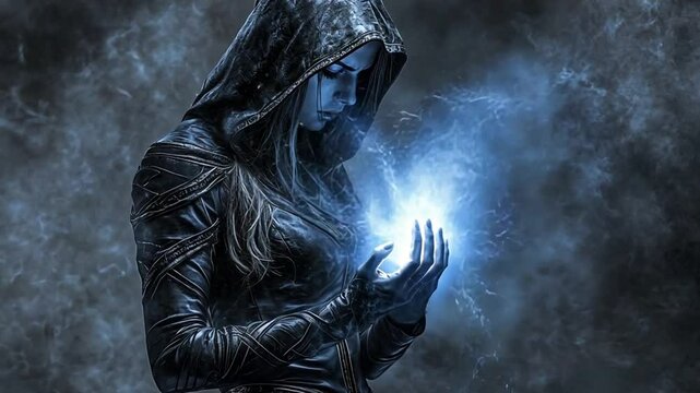 Dark sorceress, fantasy art, mystical power, digital painting, blue energy, hooded figure, dramatic lighting, female character, mysterious woman, magical aura, epic fantasy, powerful magic