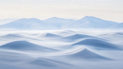 Serene Blue Sand Dunes Peaceful Mountain Landscape Serenity Nature Background Soft Light Sky Fog    