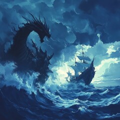 Massive dragon attacks sailing ship in stormy ocean scenery