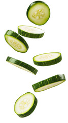flying zucchini slices isolated on transparent white background, clipping path