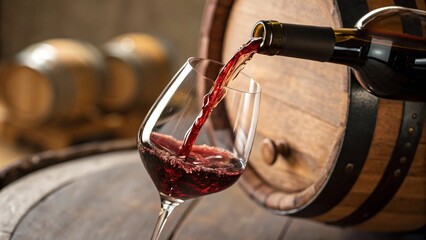 Vertiendo vino de la botella en una copa con fondo desenfocado, primer plano