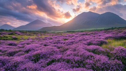 Fototapeta premium Purple Heather Blooms Under Sunset Mountains