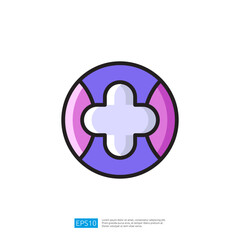 Fototapeta premium Colorful Baby Care Icon Featuring a Circular Design with Plus Symbol in Shades of Pink and Purple and is a Graphic Illustration. The Icon Features a Cute Design and is Simple