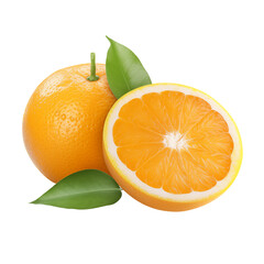 Fruit oranges with green leaves isolated on transparent background.