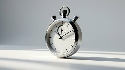 A classic, silver stopwatch with a white face and black hands, positioned against a neutral gray background, capturing the essence of timekeeping and precision.