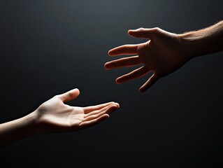 Helping hands reaching out, dark background, support concept