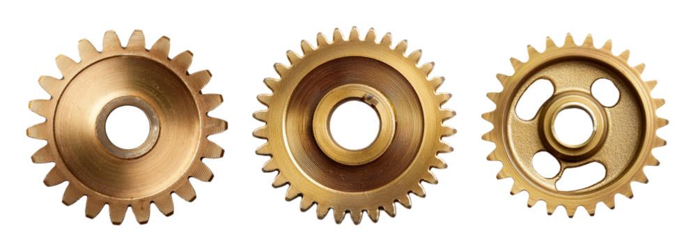 Collection of detailed metallic gears on a black background for industrial design.