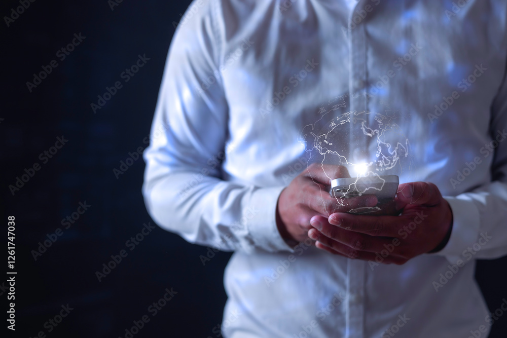 Aufkleber data digital transformation hand touching the universe, a conceptual shift in digital transformation