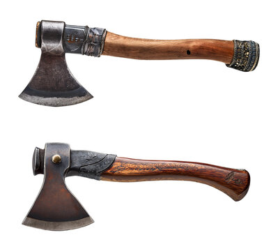 Two vintage axes with wooden handles displayed on a white background.