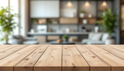 Superficie de mesa de madera con interior moderno desenfocado y espacio vacío para productos