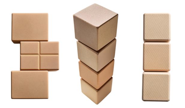 A collection of stacked and arranged blocks in various shapes and sizes.