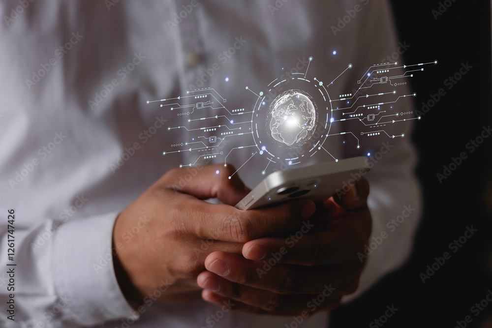 Aufkleber data digital transformation hand touching the universe, a conceptual shift in digital transformation