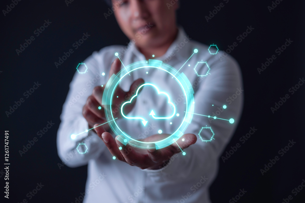 Aufkleber data digital transformation hand touching the universe, a conceptual shift in digital transformation