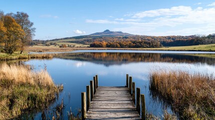 Autumn lake with wooden pier and mountain view