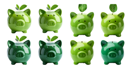 Colorful Piggy Banks with Leaves Symbolizing Savings and Growth, isolated on transparent background