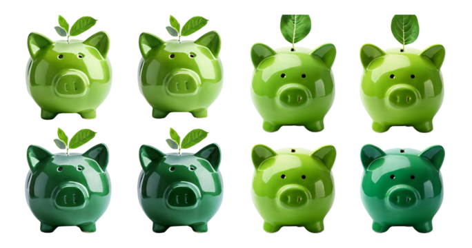 Colorful Piggy Banks with Leaves Symbolizing Savings and Growth, isolated on transparent background