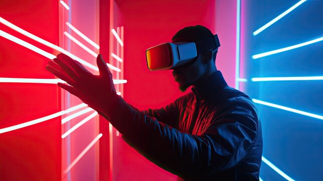 Man in VR headset, neon room, futuristic interaction