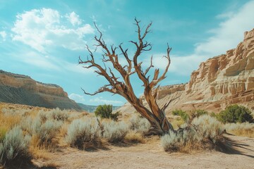 Dead tree stands against desert canyon cliffs