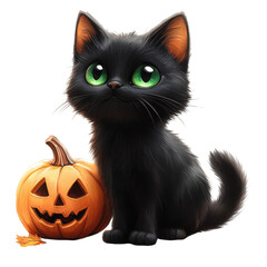 Cute black cat with glowing green eyes beside carved pumpkin