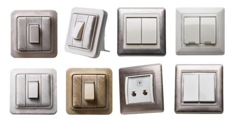 Variety of Decorative Light Switches and Electrical Outlets Displayed, isolated on transparent background