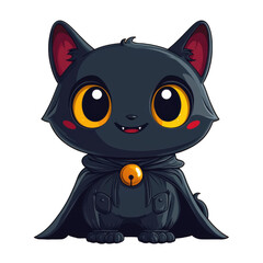 Cute cartoon style black cat with big eyes and cape