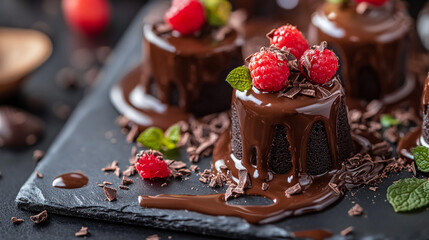 Delicious Chocolate Lava Cakes Raspberry Garnish Sweet Dessert Gourmet Red Food Rich Dark Mint Treat
